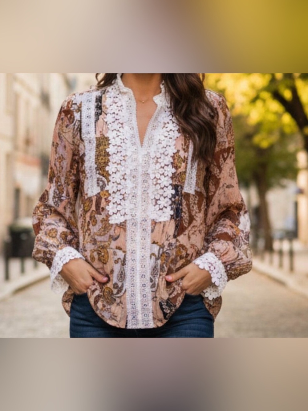POL Lace Bohemian Patchwork Floral Boho Button Down Victorian Neckline small